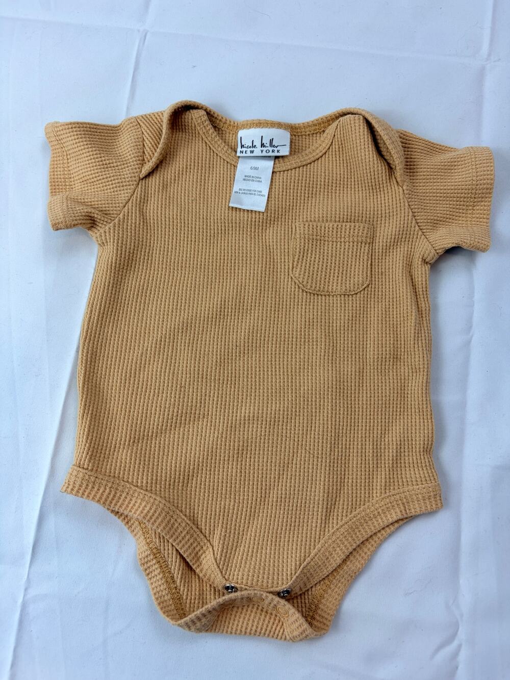 Nicole Miller New York Baby Waffle Knit Bodysuit Mustard Pocket Sz 6/9M